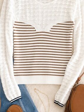 Maeve Striped Cream and White Knit Long-Sleeve Top